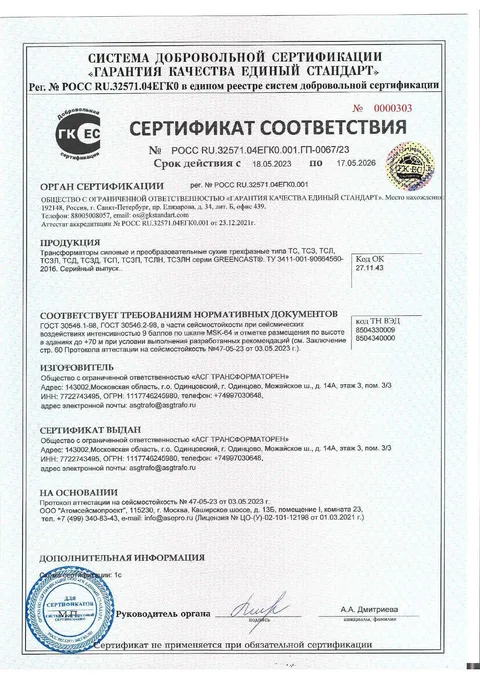 Сертификат сейсмостойкости GREENCAST 2023